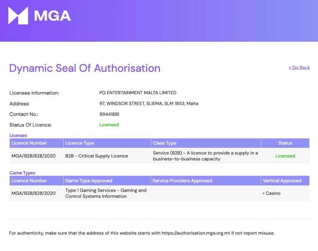 ใบอนุญาตของ PG Slot จากเว็บ Malta Gaming Authority