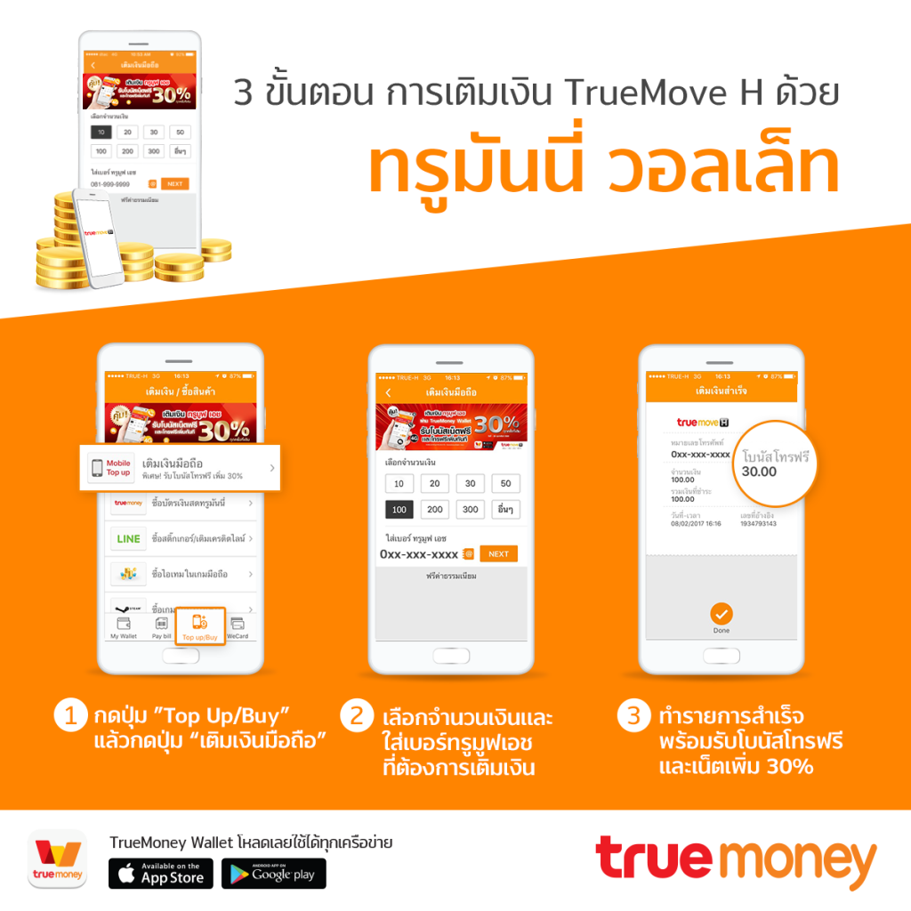 ขั้นตอนการเติมเงิน True Money